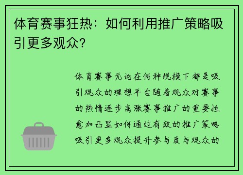 体育赛事狂热：如何利用推广策略吸引更多观众？